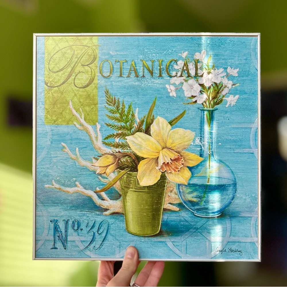 VTG Botanical Floral Blue & Yellow Cottagecore Farmhouse Wall Hanging Art Decor